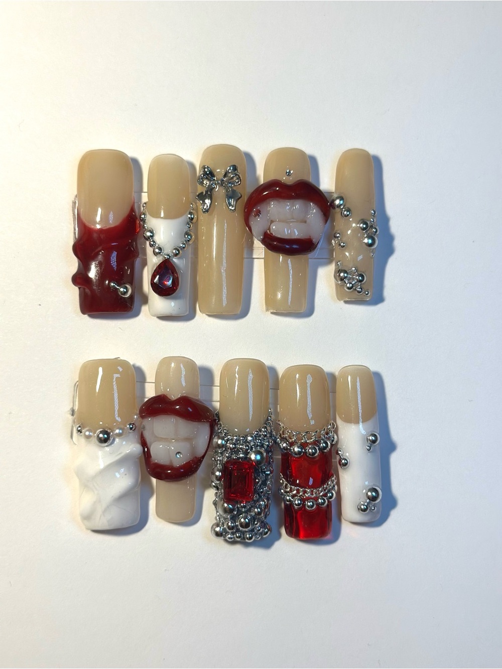 Handmade press on gel nails with 3d vampire teeth